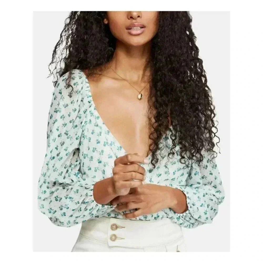 Free People Sweetie Pie White Green Floral Sheer Faux Wrap Top Size Small V Neck